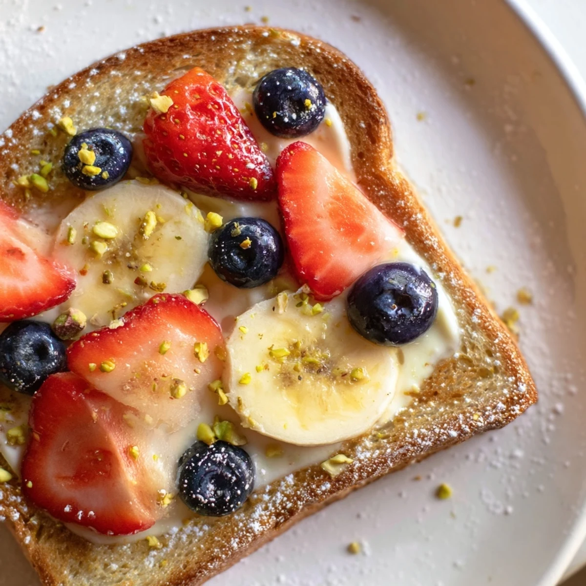 Creamy yogurt custard fills the baked viral yogurt toast, topped with colorful fruit.