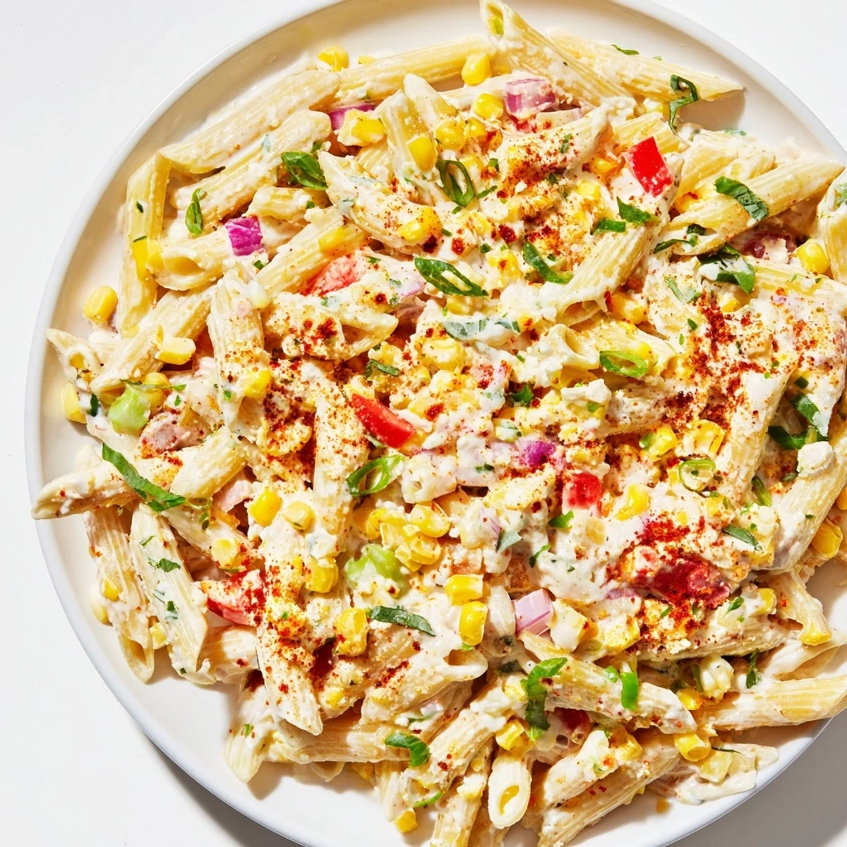 Creamy Mexican Street Corn Pasta, mixed with colorful bell peppers, ready to serve with lime wedges.