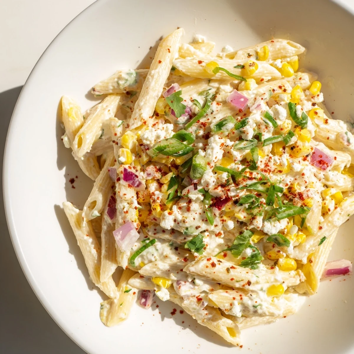 A bowl of delicious Mexican Street Corn Pasta, featuring charred corn and crumbled cotija cheese.