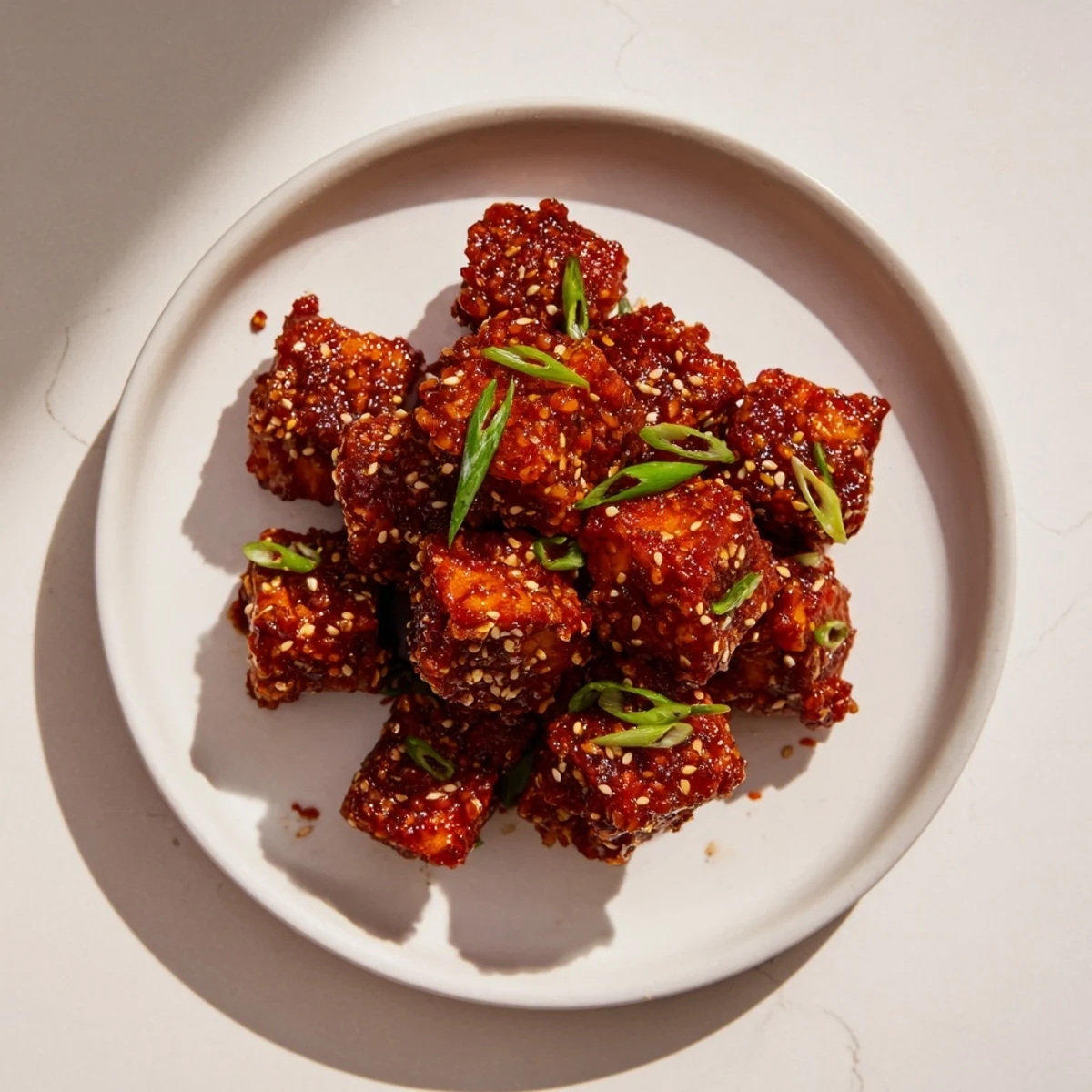 Crispy Honey Gochujang Tofu glistening in a sweet and spicy sauce, ready for serving.
