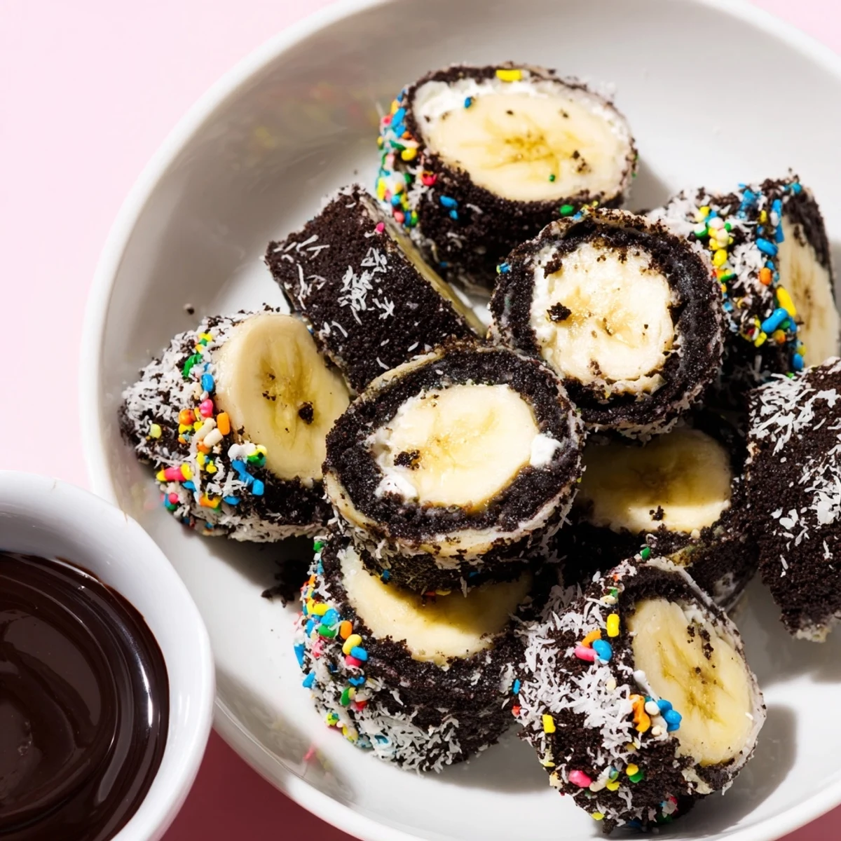 Sweet Oreo Cookie Sushi Rolls, showing a sliced roll with visible banana and jam.