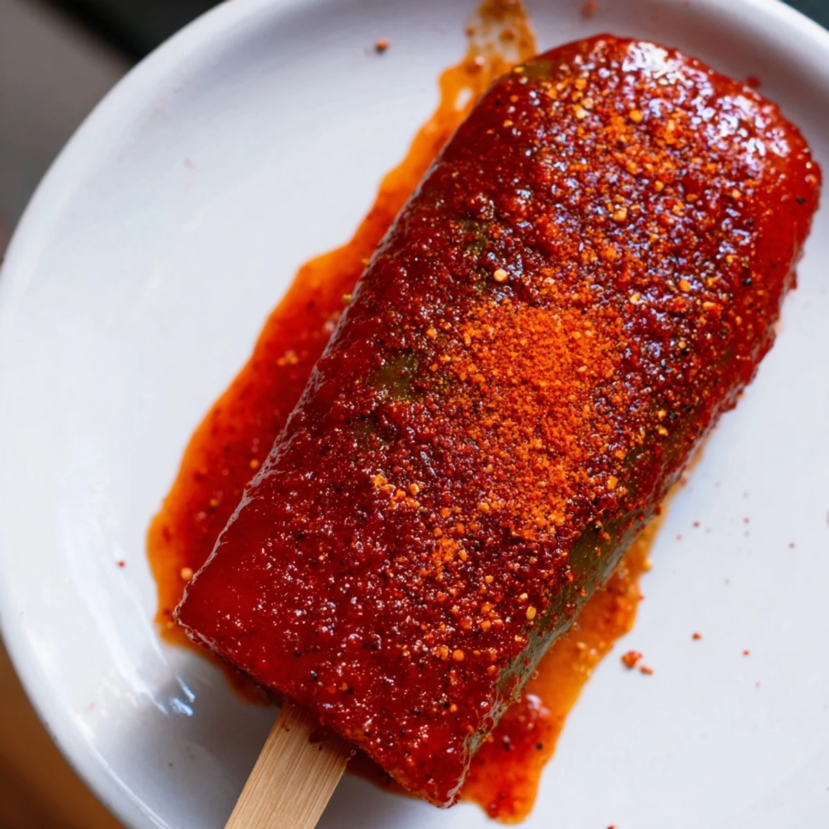Close-up of Chamoy-Tajín Pickle Sticks, showing the bright red Tajín coating and a tantalizing, refreshing treat.
