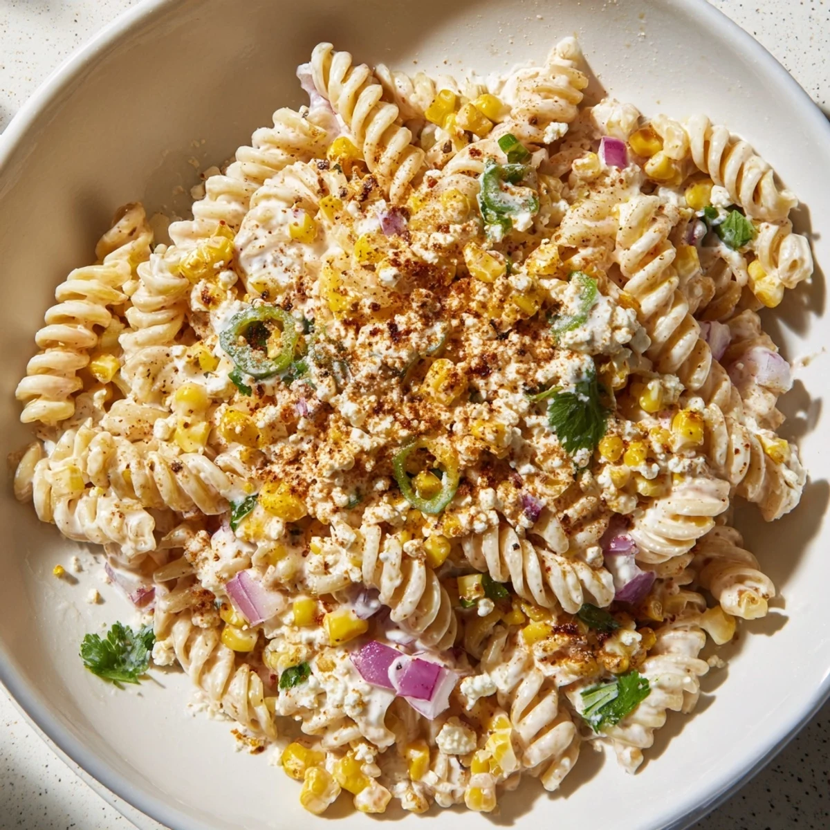 This creamy Street Corn Pasta Salad displays vibrant pasta, red onion, jalapeño, and fresh cilantro beautifully.