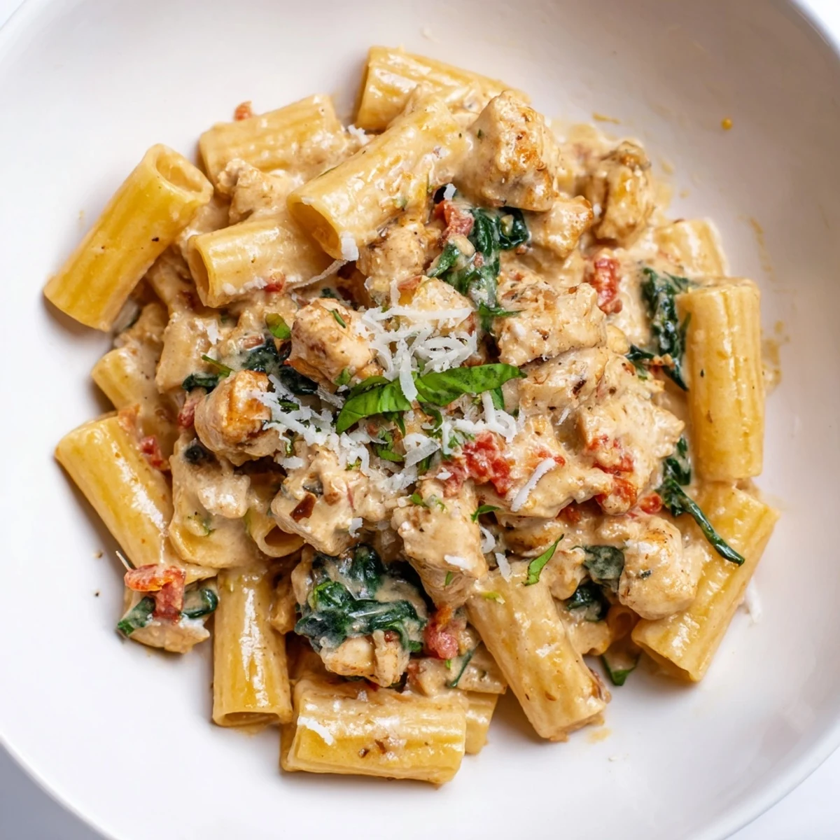 A skillet of Budget-Friendly Marry Me Chicken Pasta showing the cheesy sauce coating each pasta piece.
