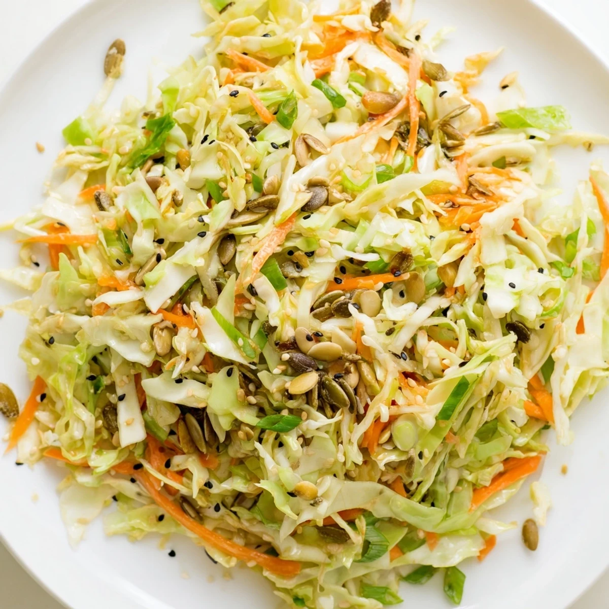 Crisp Cabbage-Core Slaw salad with toasted seeds, a colorful, vegan dish ready to eat.