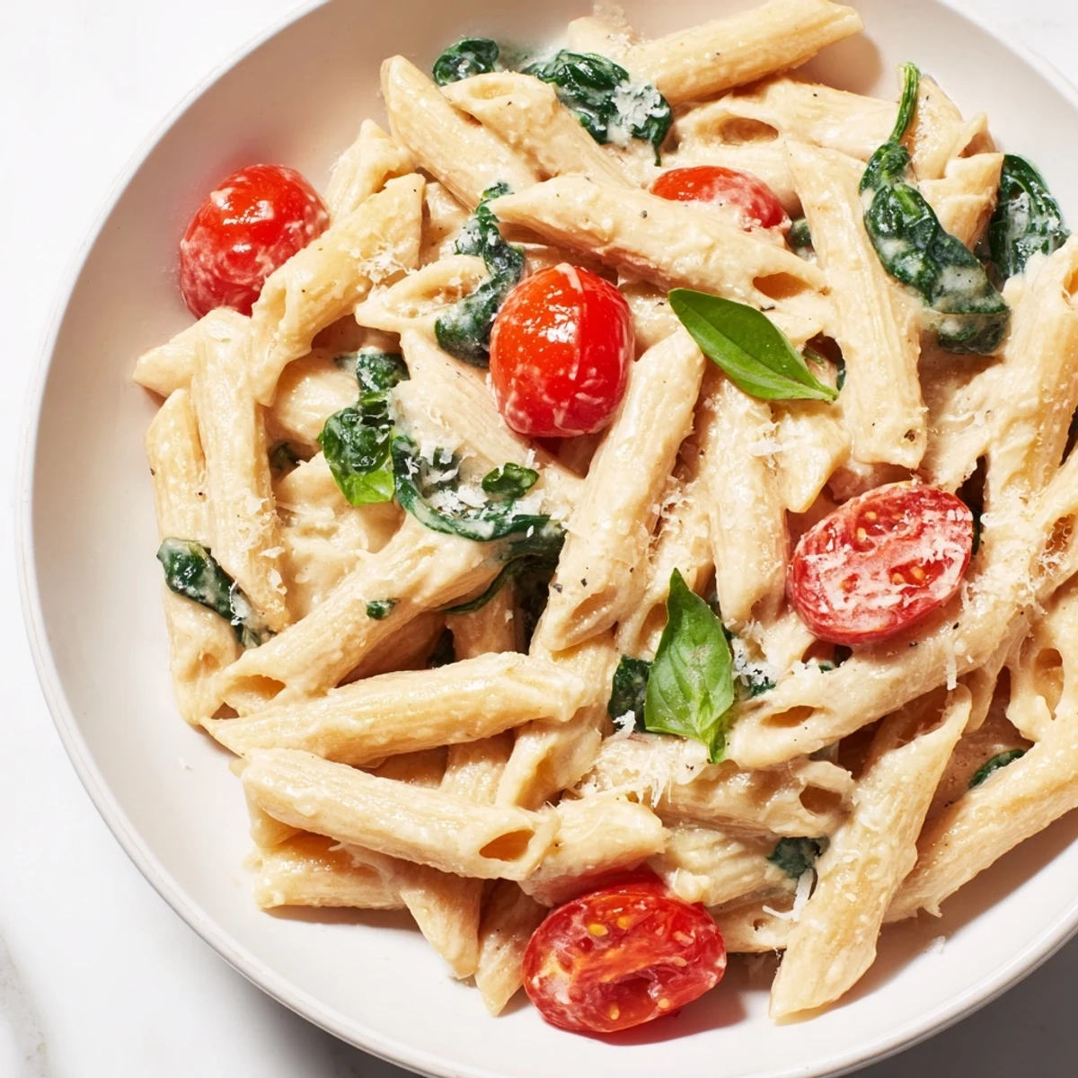Creamy Cottage Cheese High-Protein Pasta with fresh basil and tomatoes in a warm bowl.