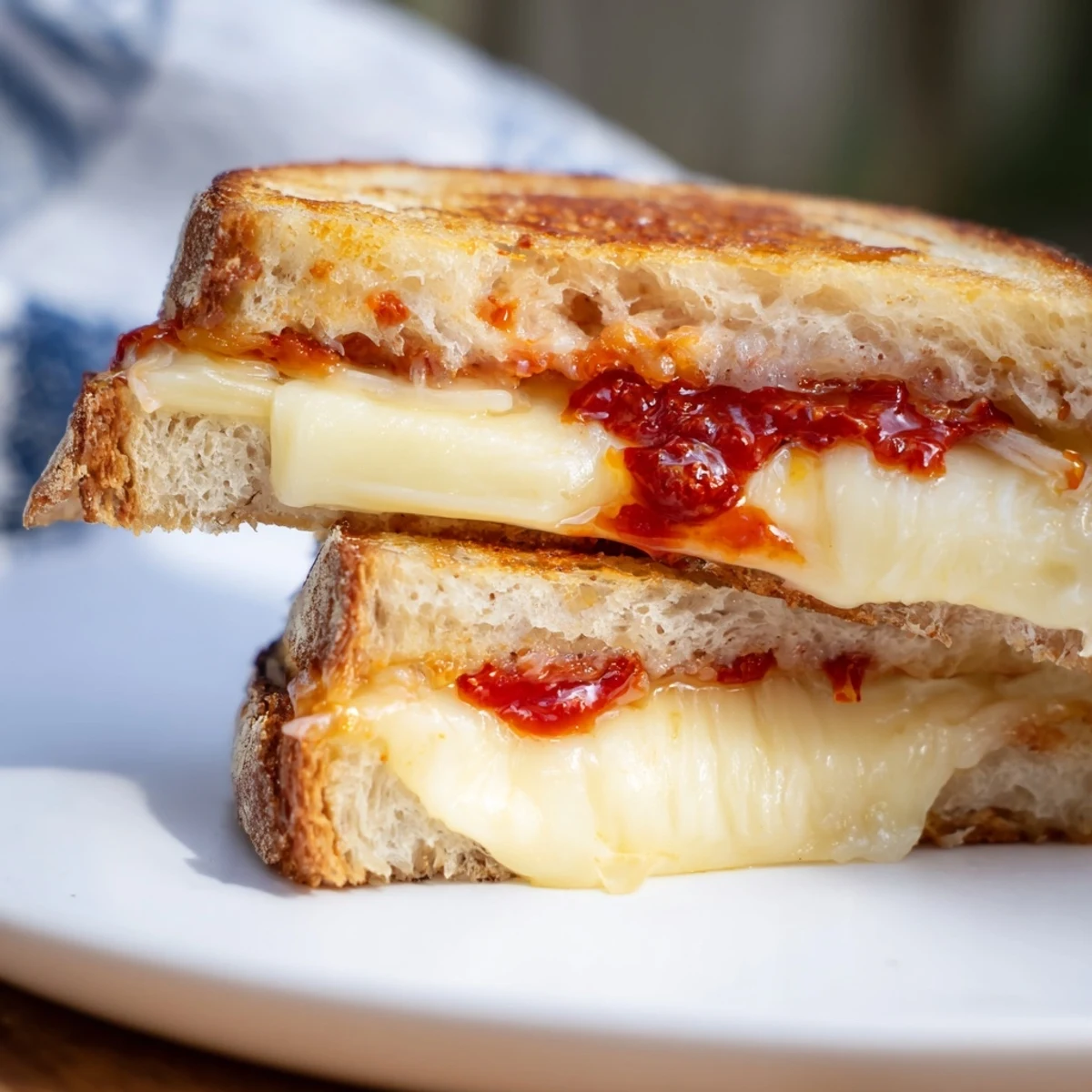 Golden-brown Brie and Chili Crisp Grilled Cheese, oozing melted brie with spicy chili crisp.