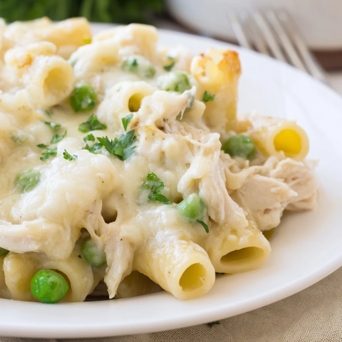 Slow Cooker Chicken Alfredo Pasta Bake: creamy, bubbling casserole with tender chicken and pasta.