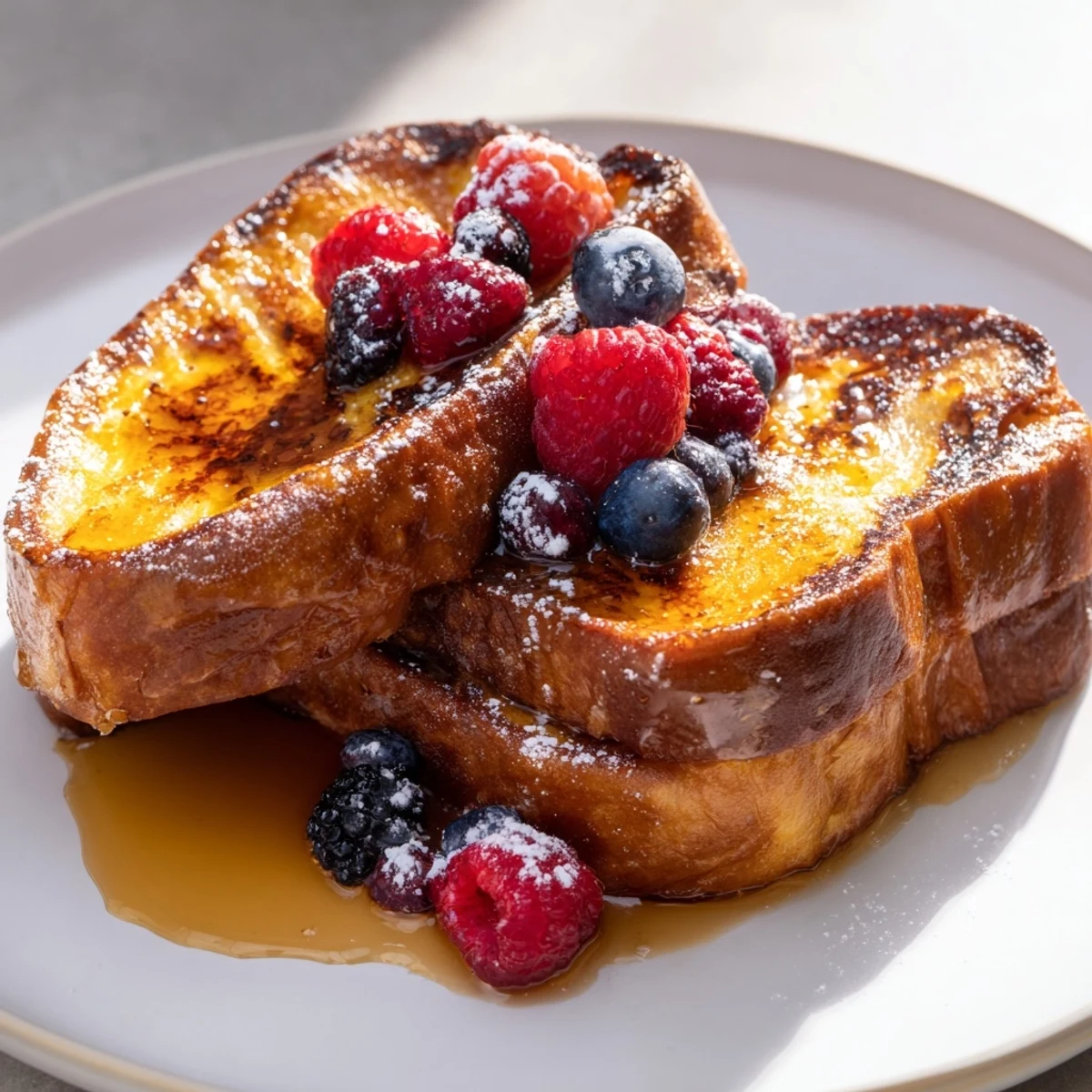 Golden-brown Ice Cream French Toast with caramelized edges, ready for maple syrup.