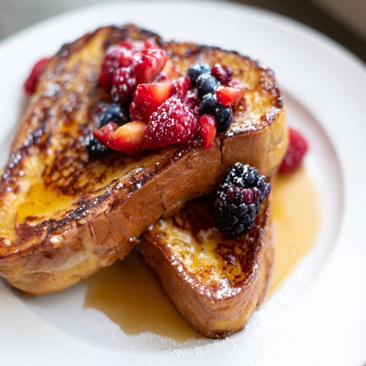 Warm, delicious Ice Cream French Toast served with fresh berries and powdered sugar.