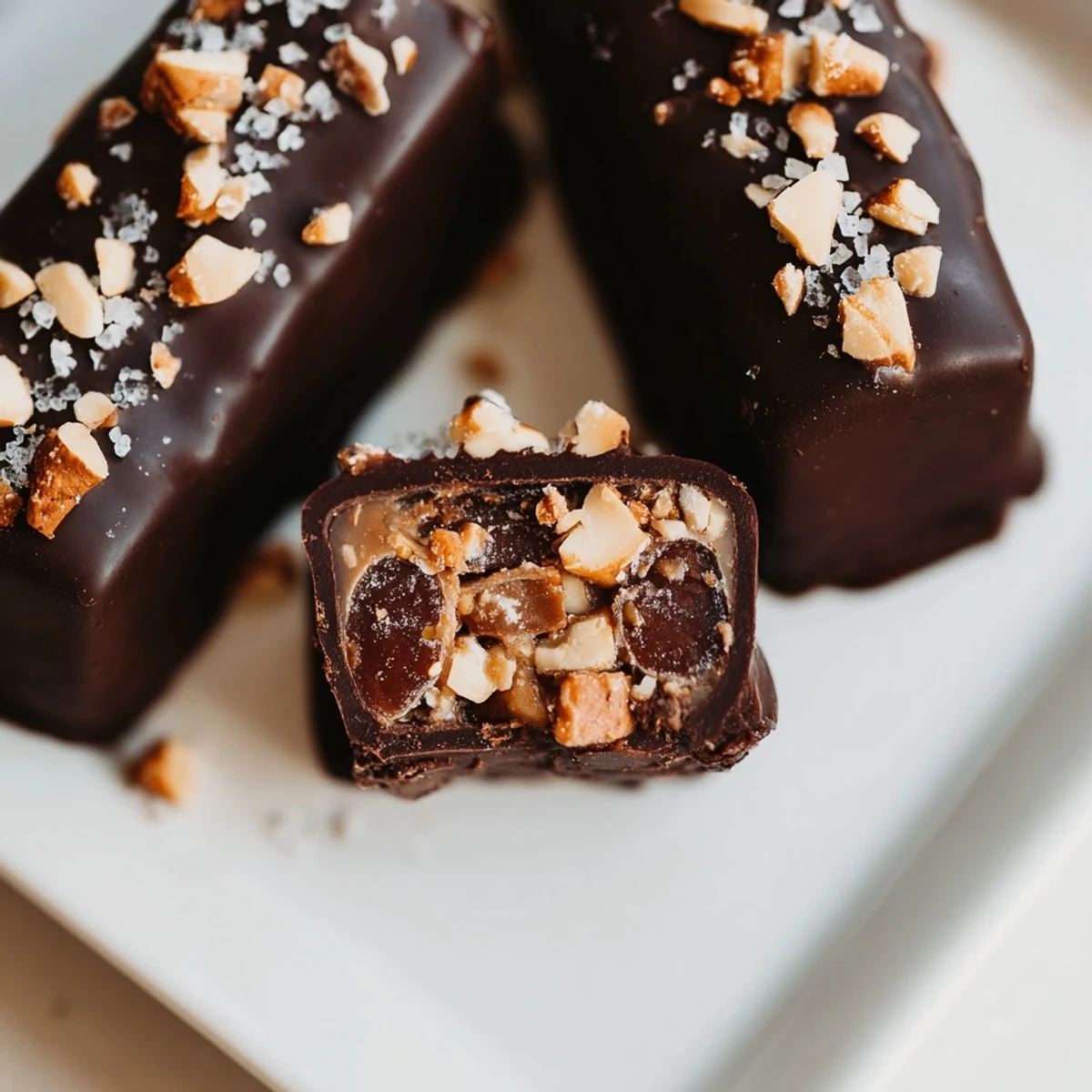 Date Bark Snickers-Style laid on parchment features gooey peanut butter and rich chocolate topping.