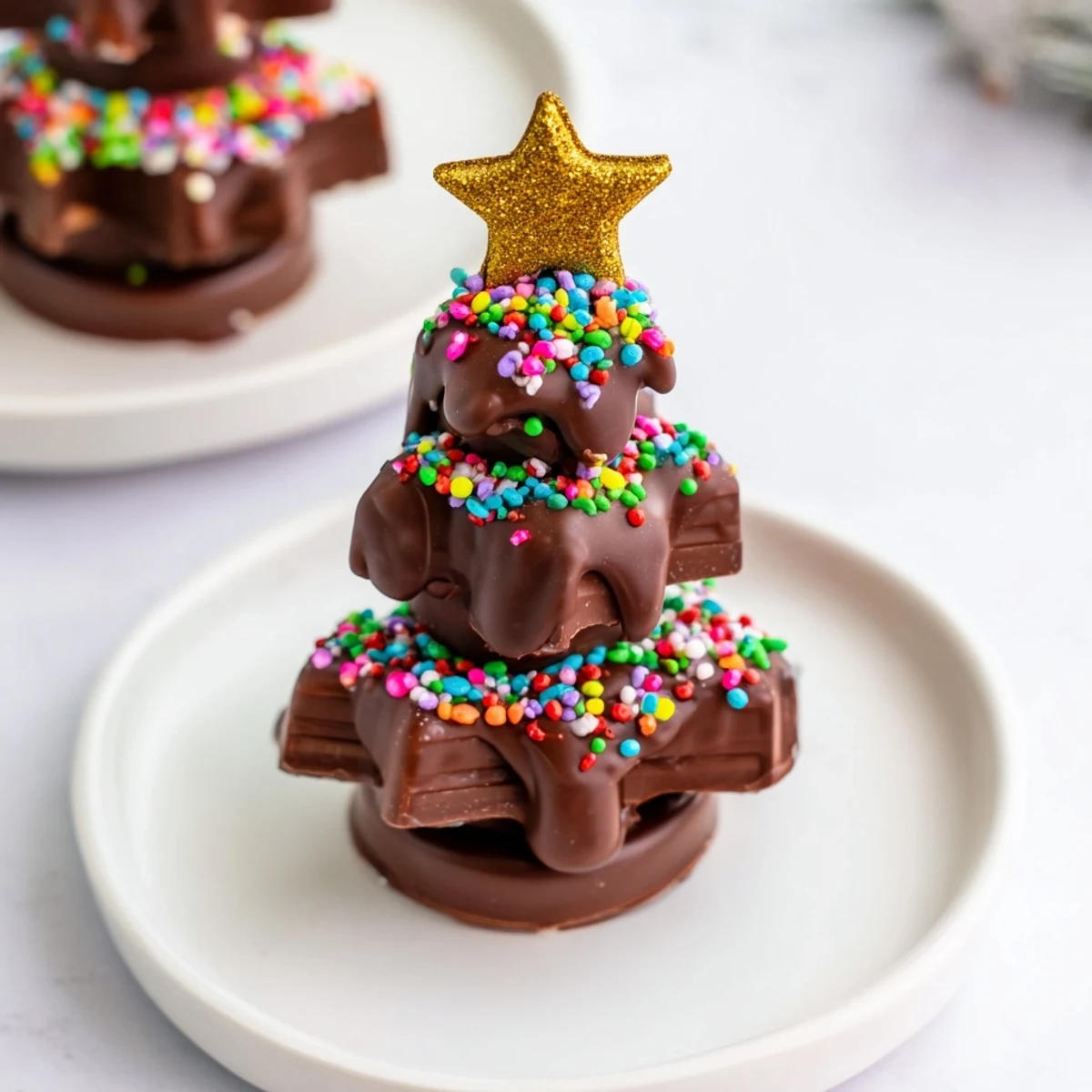 A tray of festive Chocolate Kinder Christmas Trees drizzled in chocolate, topped with sprinkles and stars.