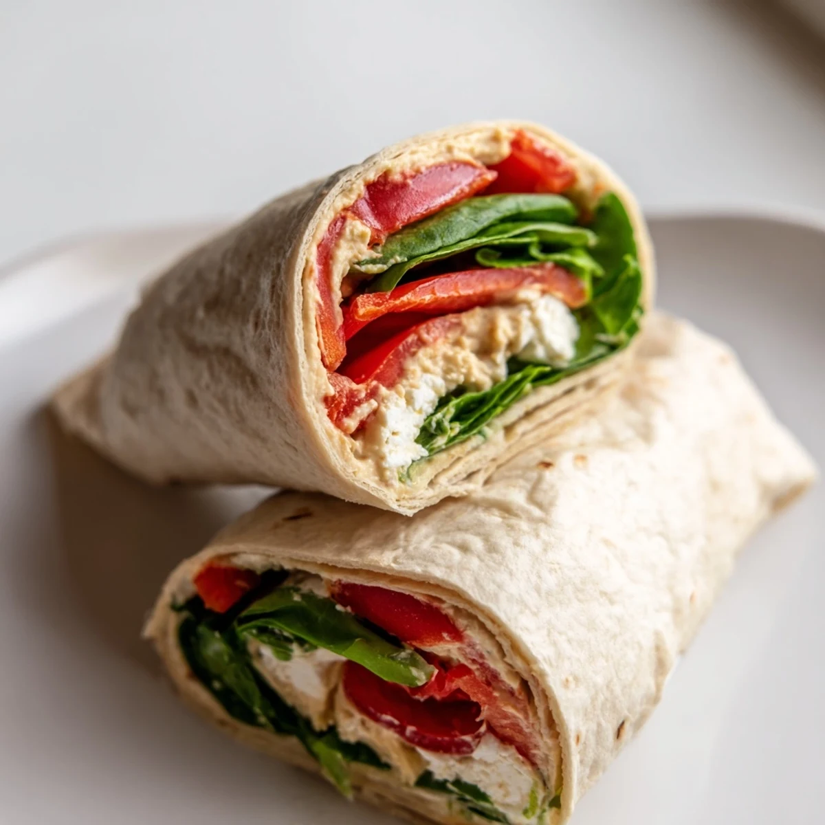 Ein halbierter Mediterranean Veggie Wrap mit cremigem Hummus, knusprigem Spinat und rostigen Paprikastreifen liegt auf einem rustikalen Holztisch.
