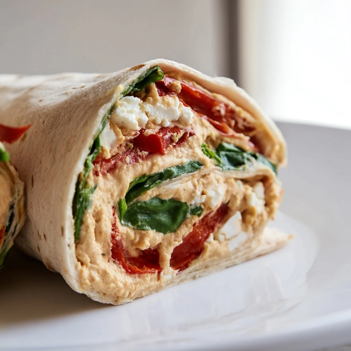 Frisch zubereiteter Mediterranean Veggie Wrap mit Feta-Käse und Röstaromen, perfekt für ein leichtes Mittagessen unterwegs.