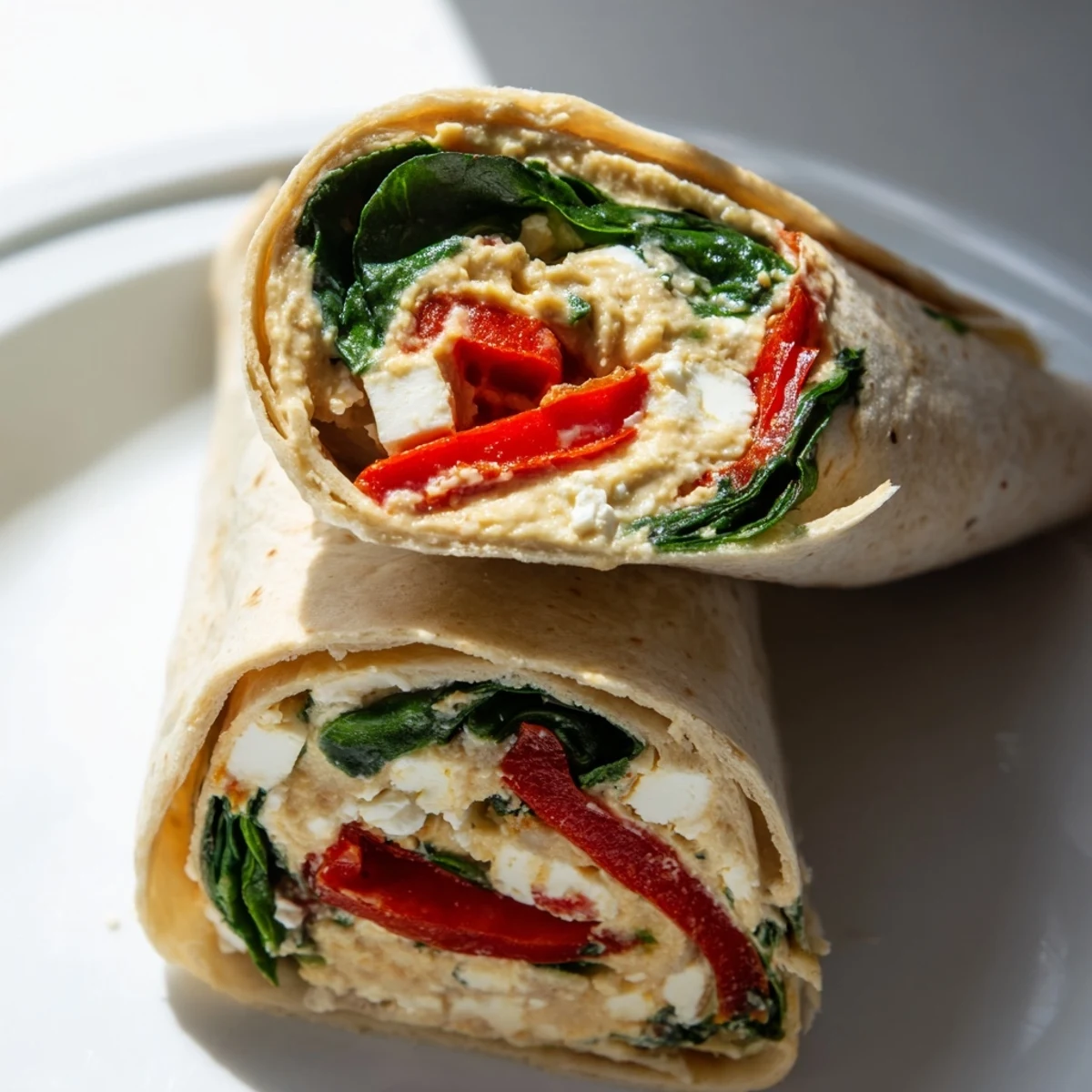 Detailaufnahme eines Mediterranean Veggie Wrap mit leuchtenden Farben, frischen Spinatblättern und würziger Gewürznote auf einem hellen Hintergrund.