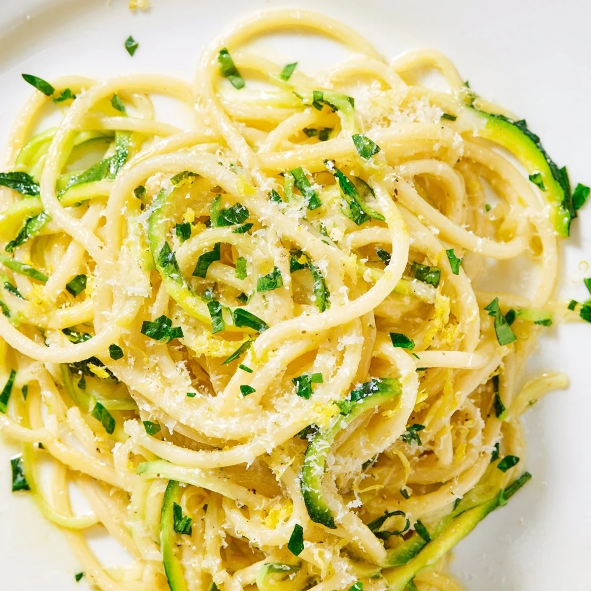 Gebettelte Zucchini-Nudeln in einer cremigen Zitronenbutter-Sauce, garniert mit frischem Petersilienkäse, serviert auf einem hellem Tellerteller.