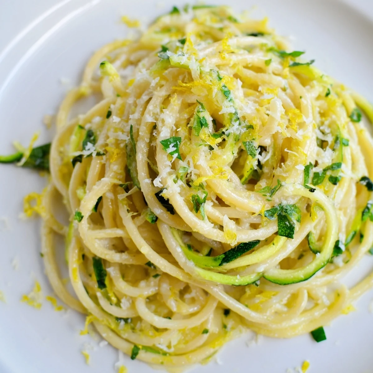 Al dente Spaghetti mit zarten Zucchiniraspeln in einer sonnigen Zitronensauce, bestreut mit frischer Petersilie und fein geriebenem Parmesan.