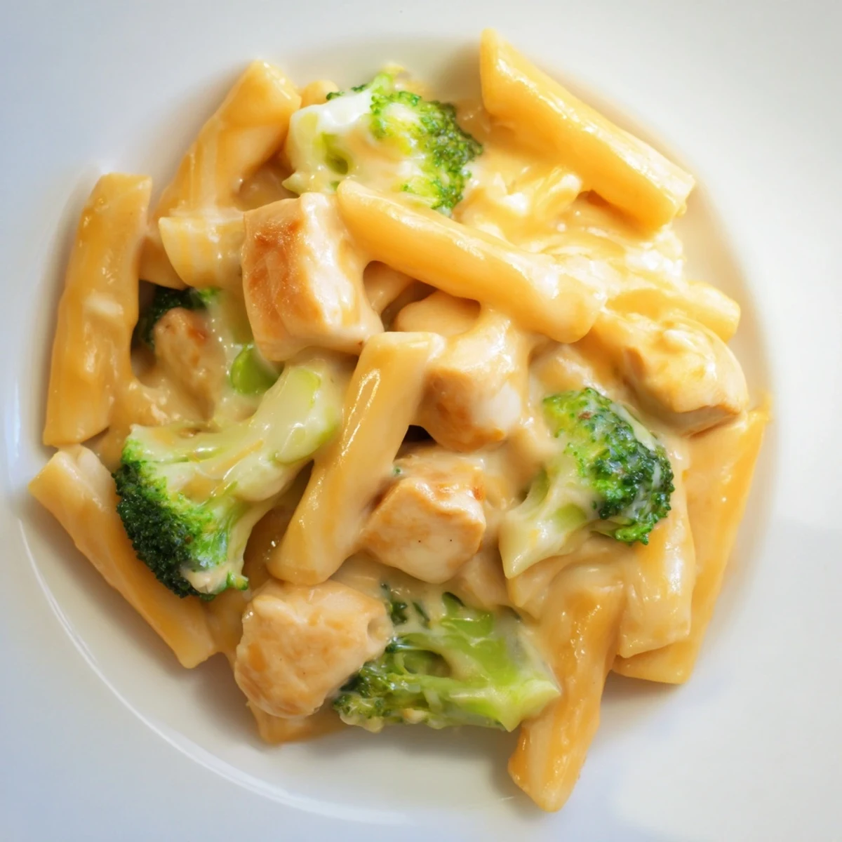 Kremige Chicken Broccoli Cheddar Pasta mit goldgebratenem Hähnchen, bissfestem Brokkoli und geschmolzenem Cheddar auf dem Teller.