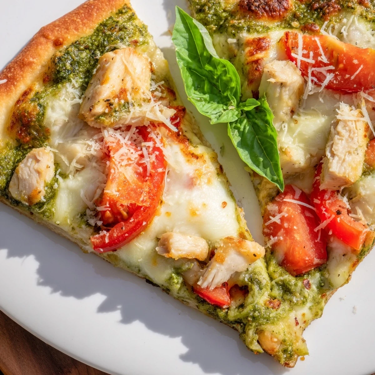 Dieses frische Chicken Pesto Pizza zeigt eine goldene, knusprige Pizza mit cremigem Hähnchen und glänzenden Tomatenscheiben.
