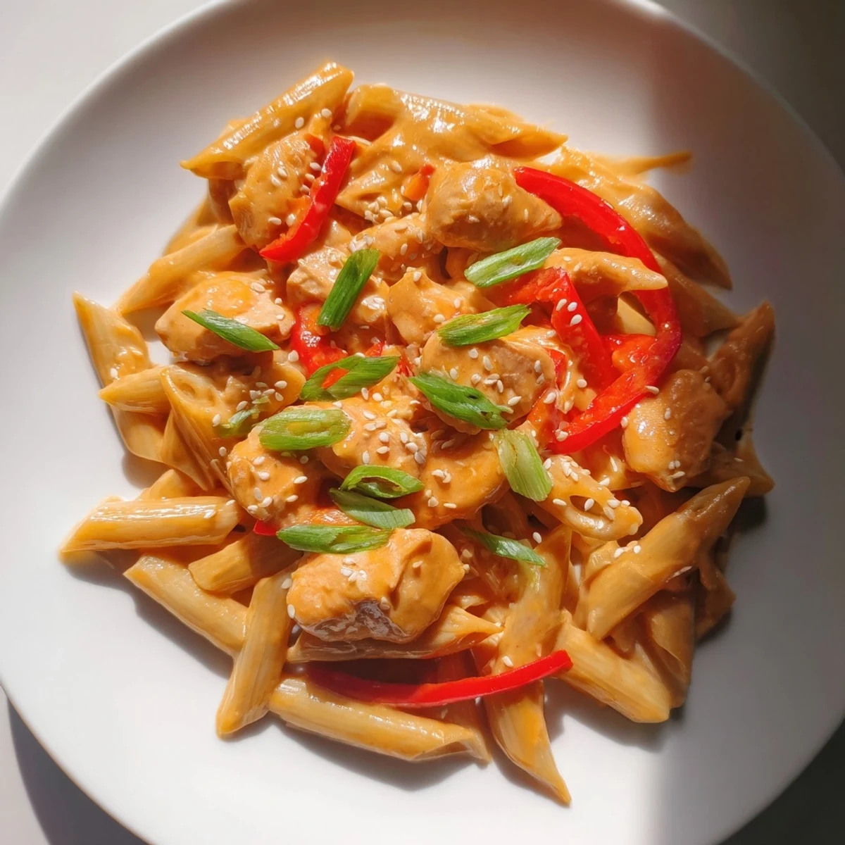 A warm plate of Sweet Chili Chicken Pasta features penne tossed in a creamy sauce with tender chicken pieces and red bell peppers.