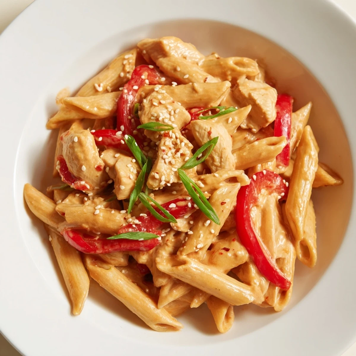 Close-up of a skillet with Sweet Chili Chicken Pasta, showcasing glossy noodles, juicy chicken, and a rich, sweet chili cream sauce.