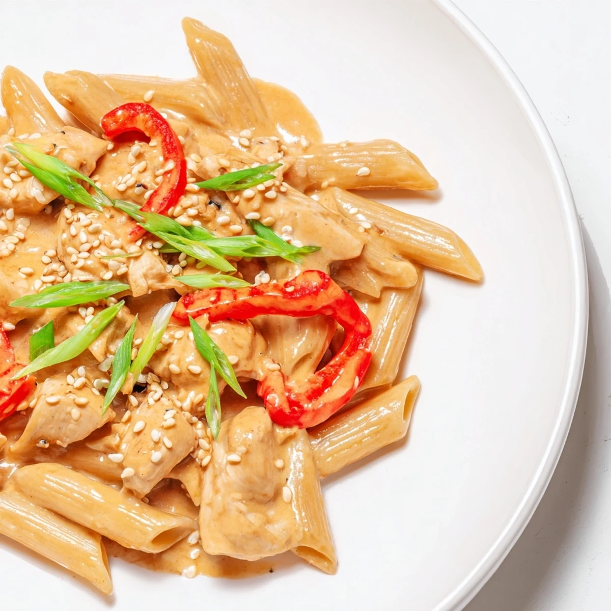 Garnished with green onions and sesame seeds, this Sweet Chili Chicken Pasta offers a vibrant fusion of Asian and Italian flavors for dinner.