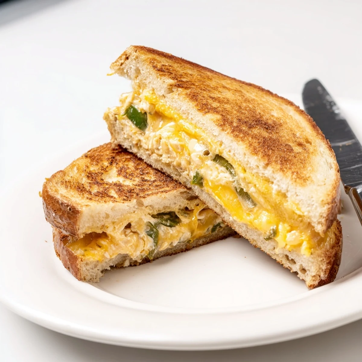 Ein gebratenes Jalapeño Popper Grilled Cheese, goldbraun und knusprig, mit geschmolzener Käsefüllung aus dem Ofen.  