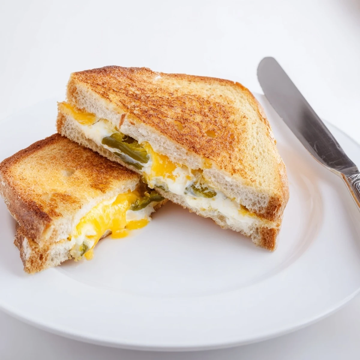 Ein Jalapeño Popper Grilled Cheese zeigt cremigen Frischkäse, scharfen Cheddar und Butter auf Brot.  