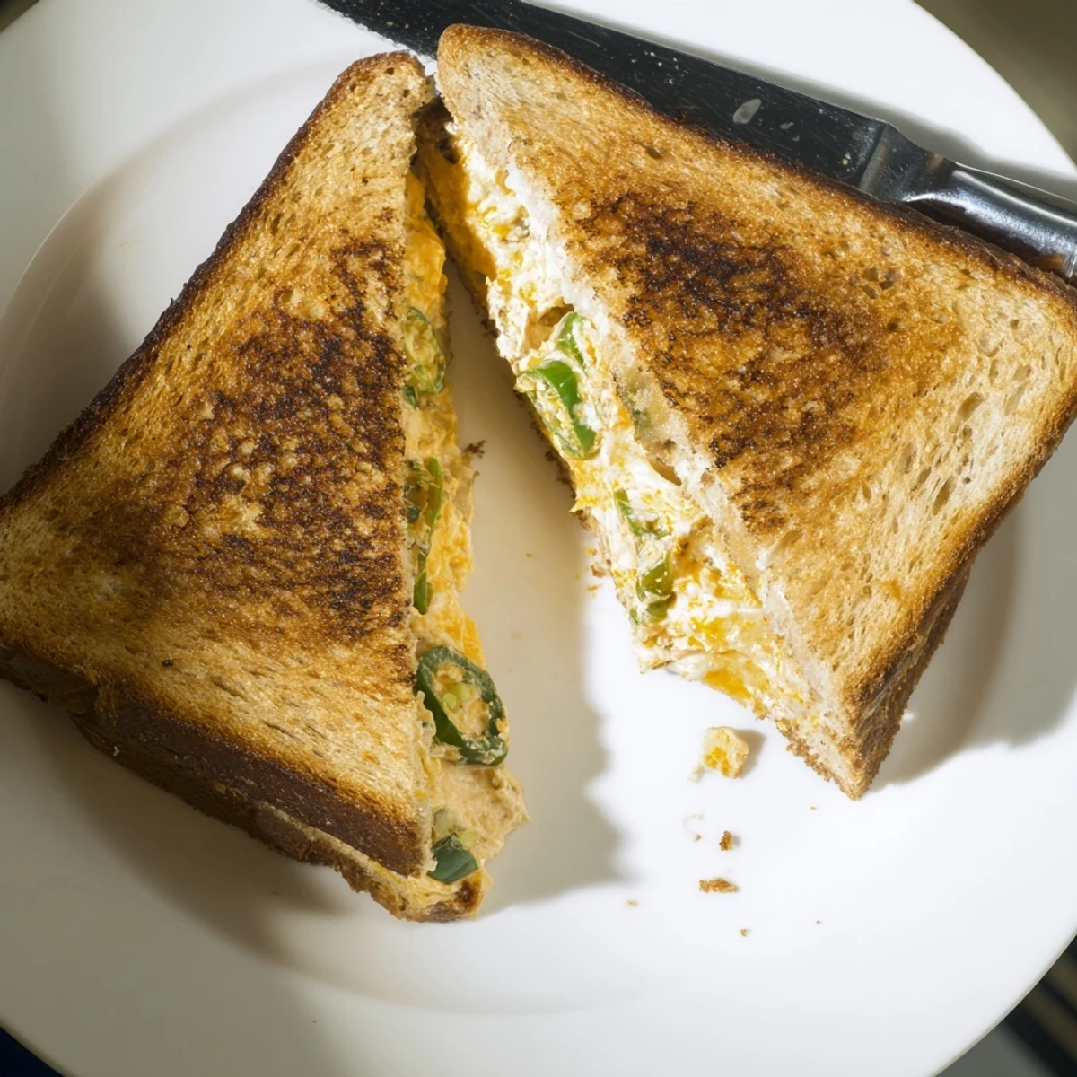 Ein warmes Jalapeño Popper Grilled Cheese liegt neben frischen Jalapeños, perfekt für ein Mittagessen.