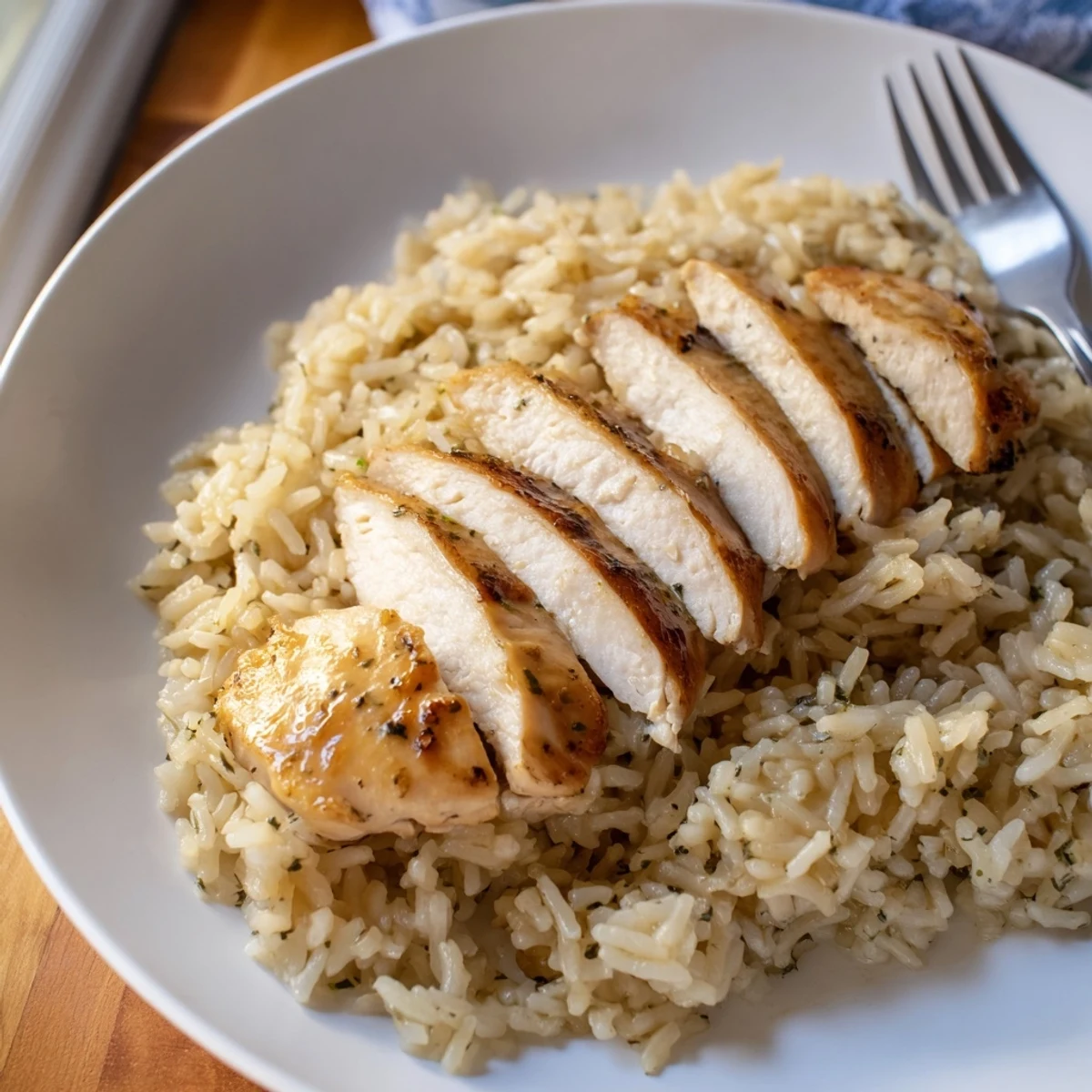 Fluffy garlic butter rice topped with juicy grilled chicken breast, served fresh from the stovetop.