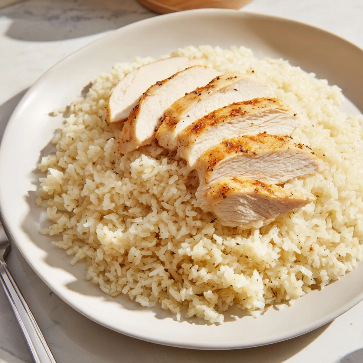 A comforting plate of garlic butter rice with grilled chicken, garnished with fresh parsley and lemon.
