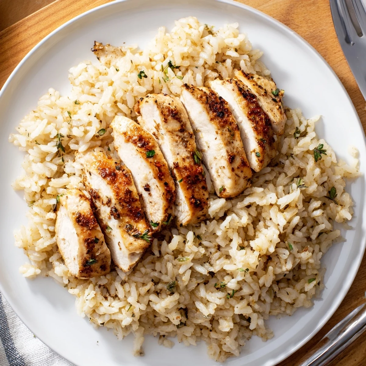 Steaming garlic butter rice and tender chicken slices, ready to enjoy as a quick family dinner.