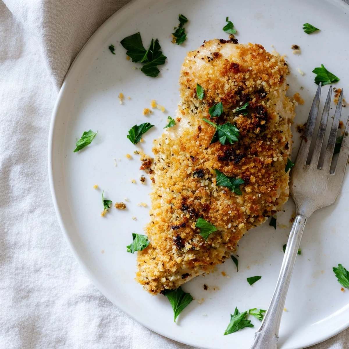 Roasted Garlic Parmesan Chicken auf einem gebackenen Ofenblech, goldbraun und knusprig, serviert mit frischer Petersilie bestreut.