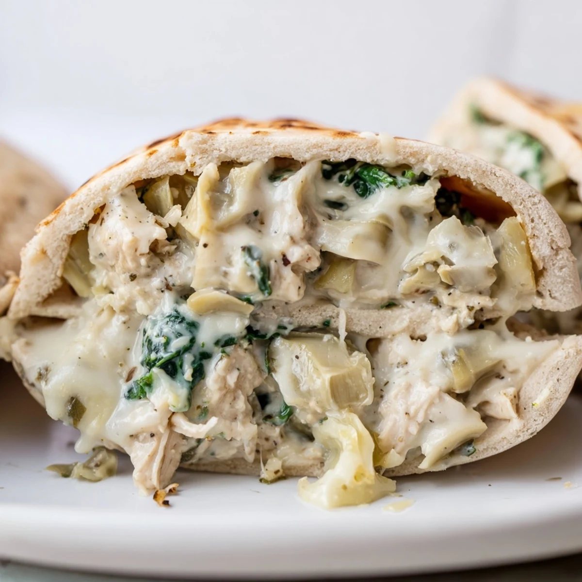 Goldbraune Spinach Artichoke Chicken Stuffed Pita aus dem Ofen, knusprig gefüllt.
