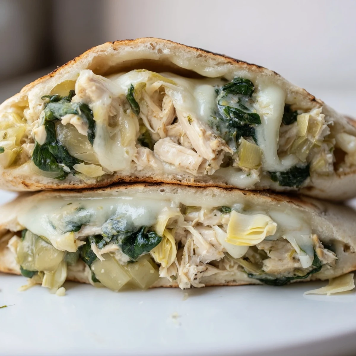 Lunch-Perfektes Spinach Artichoke Chicken Stuffed Pita, garniert mit frischer Petersilie und Zitrone.