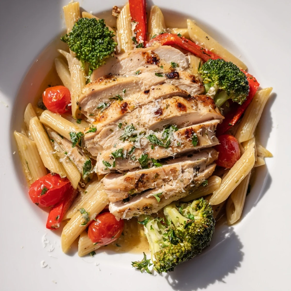 Köstliches Garlic Herb Chicken & Veg Pasta auf einem Teller mit Penne und buntem Gemüse.