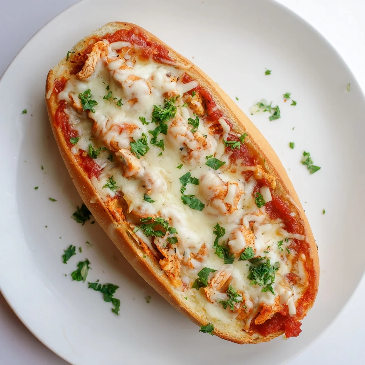 Flüssiges Käsehängen über knusprigen Brotbooten, gefüllt mit würziger Tomatensauce und zarter Hühnchen für ein befriedigendes Mittagessen.  