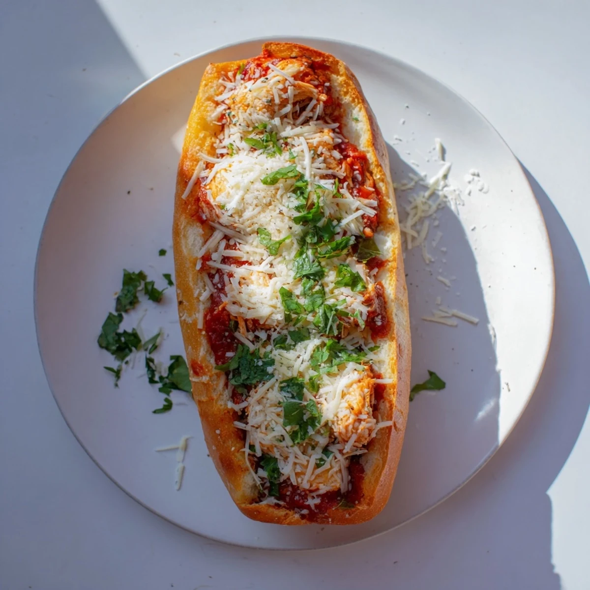 Goldene Parmesan-Kruste auf duftendem Knoblauchbrot, überbacken mit Mozzarella und serviert mit frischer Petersilie und roten Pfefferflocken.  