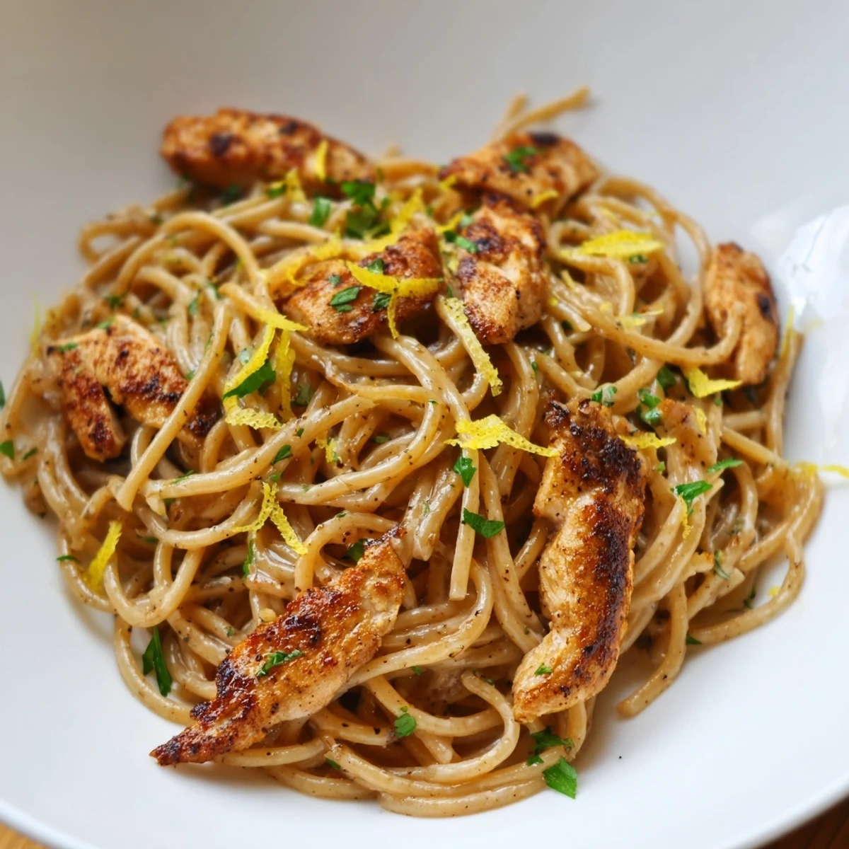 Goldene Tagliatelle mit Hähnchen in Zitronenbutter-Sauce, garniert mit frischer Petersilie und geriebenem Parmesan auf einem rustikalen Holztisch.