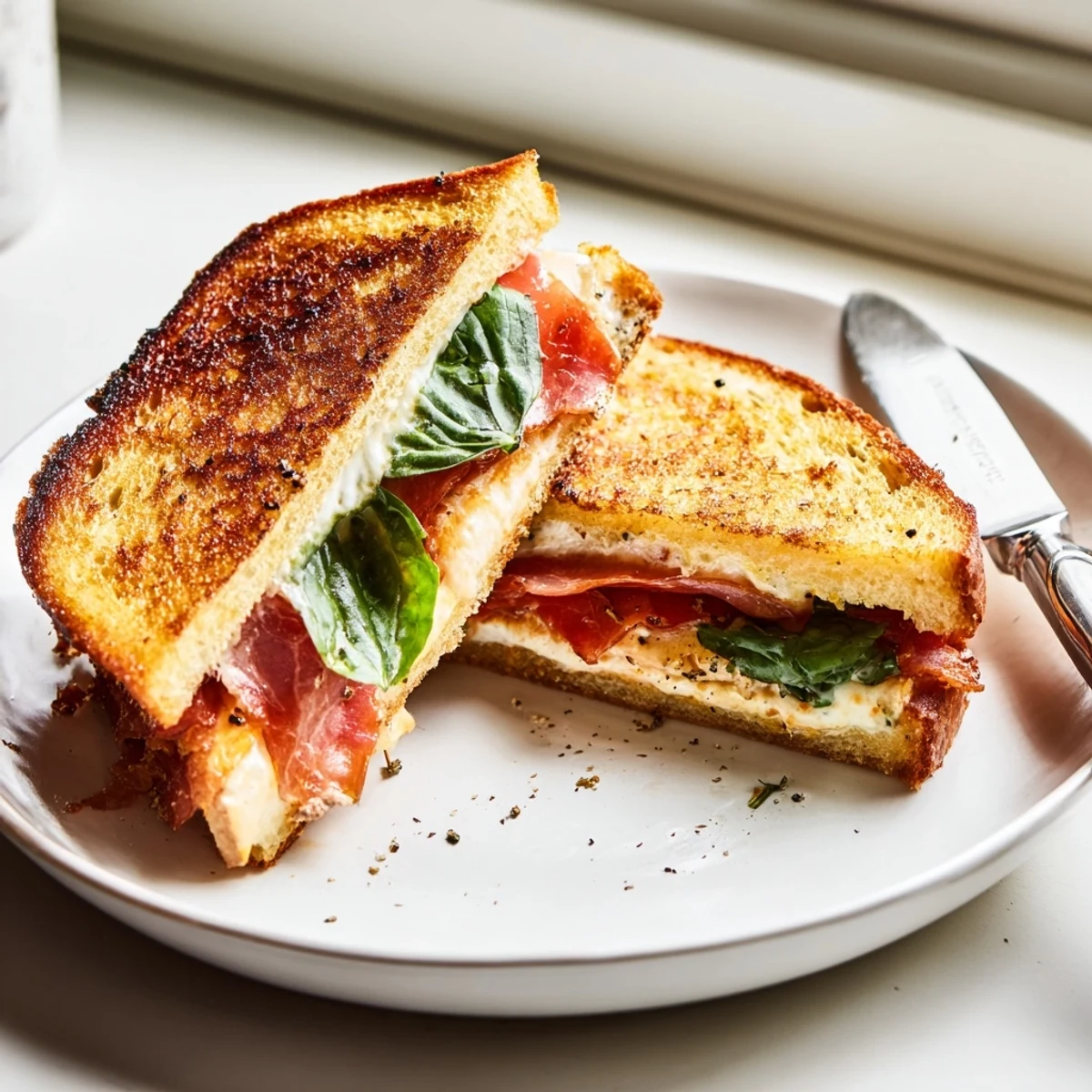 Goldene Crispy Prosciutto & Burrata Grilled Cheese sandwich, warm und knusprig auf einem rustikalen Teller angerichtet.