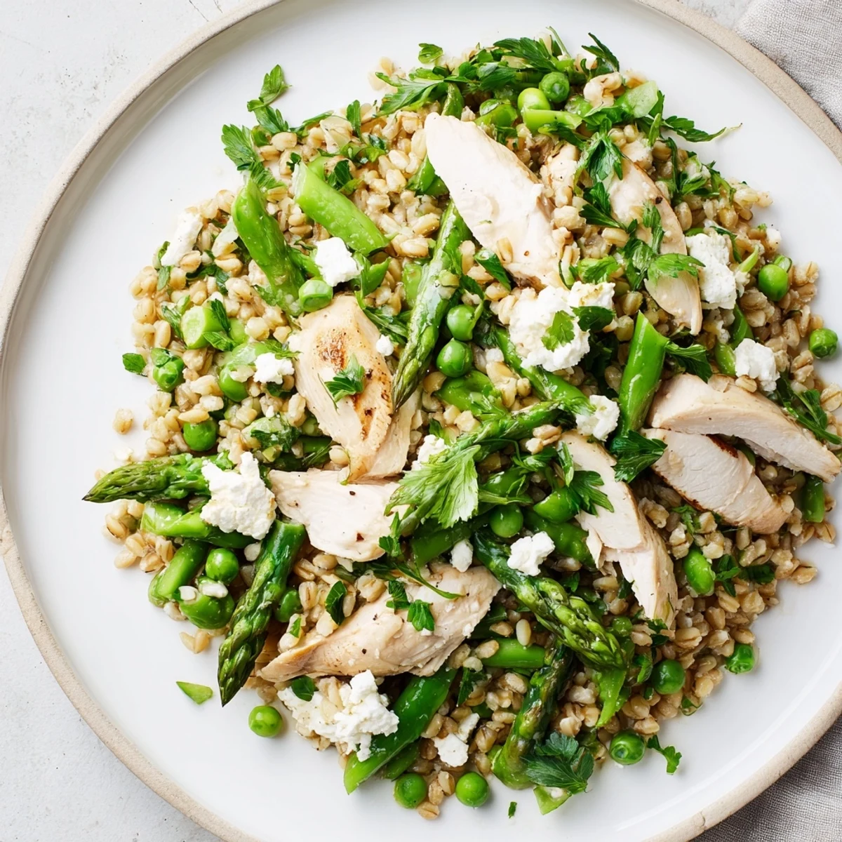 Warm Spring Farro Chicken Salad mit knusprigem Gemüse und zitroniger Vinaigrette im Frühlingslicht.