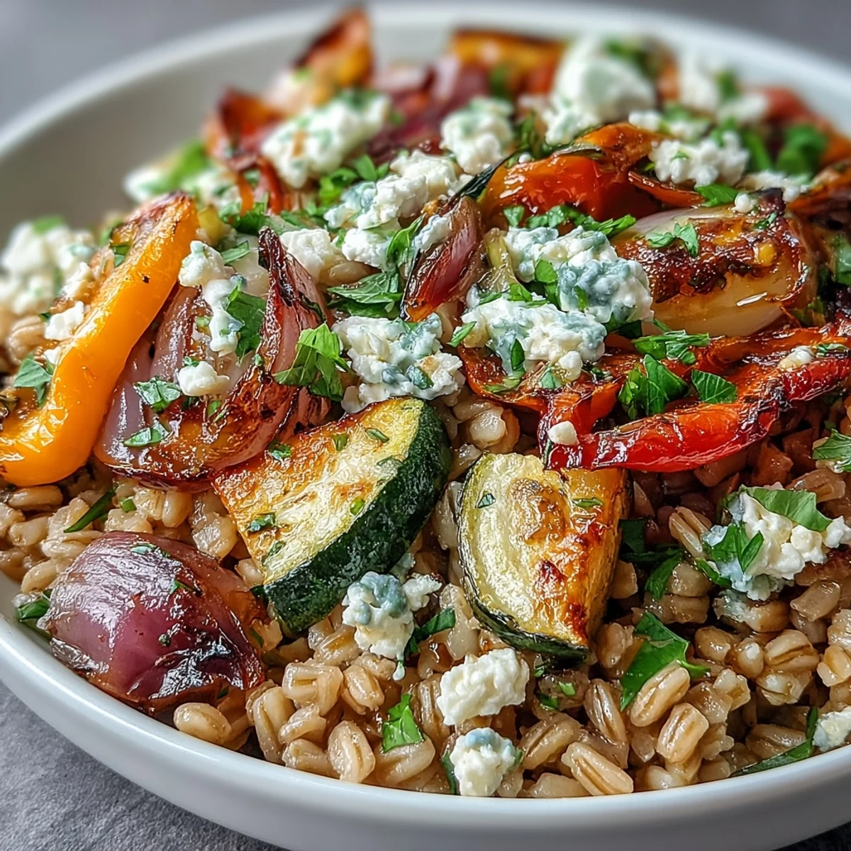 Goldenroastete Gemüsesticks und nussiger Farro in einer großen Schüssel, aromatisiert mit frischem Thymian und glasigem Balsamico-Dressing.