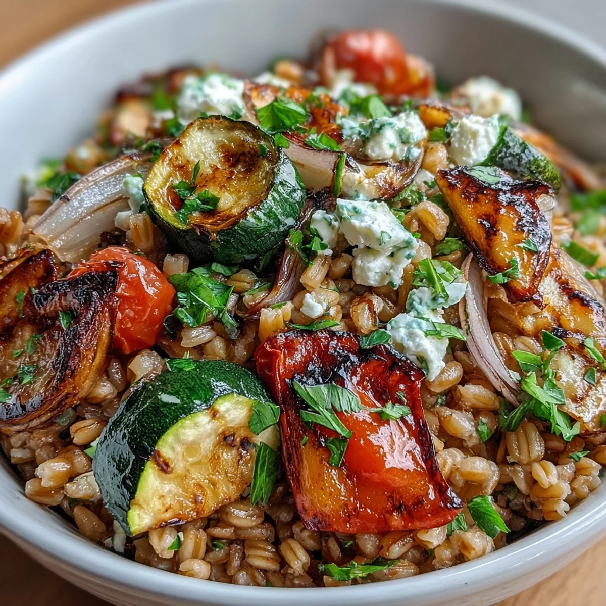 Warme Veganes Hauptgericht aus Farro mit knusprig rostigen Zucchini, Paprika und Karotten, bestreut mit frischer Petersilie.
