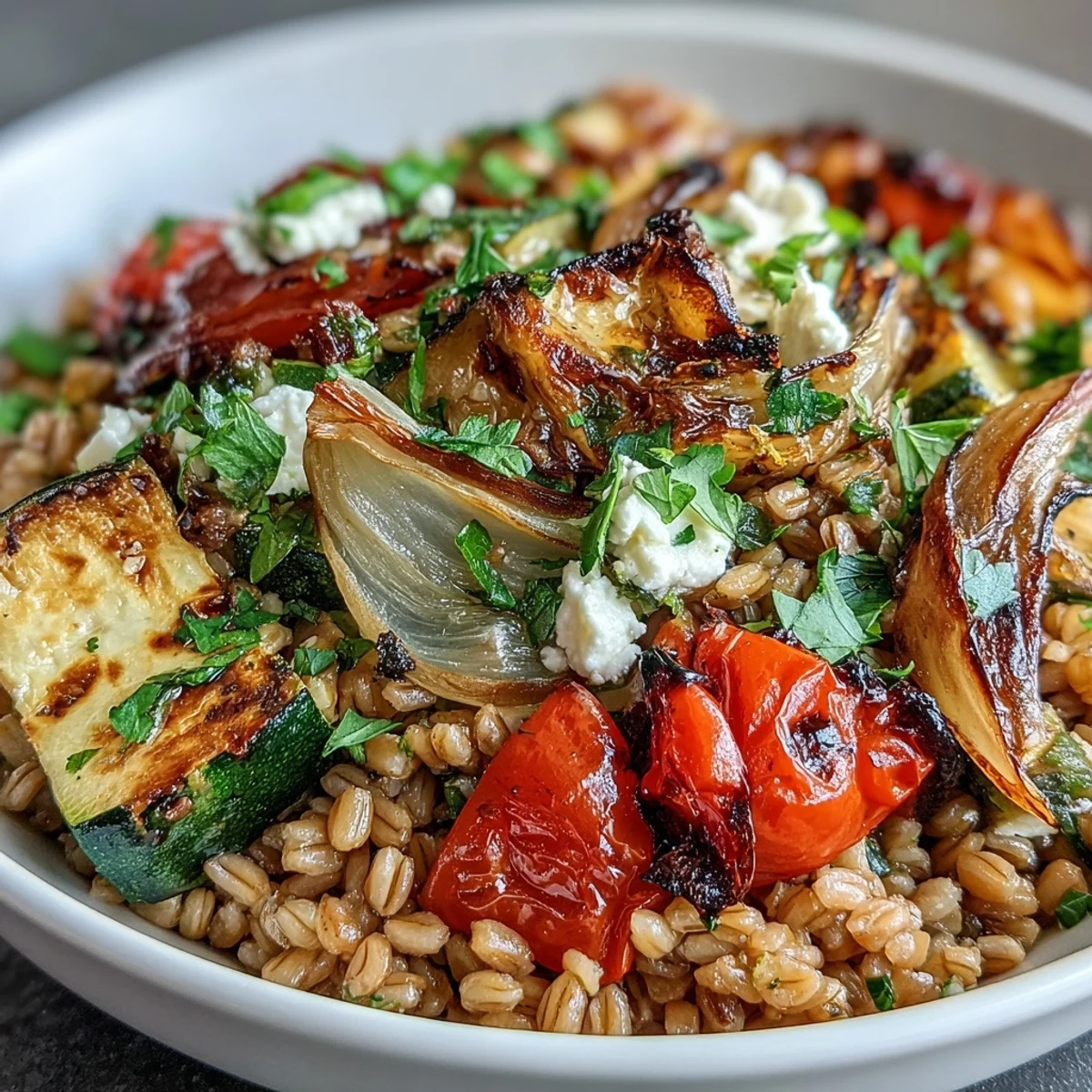 Leckere Mediteranne Farro-Schüssel mit gerösteten Kirschtomaten und Zwiebeln, serviert als gesunder Einstieg oder Beilage.