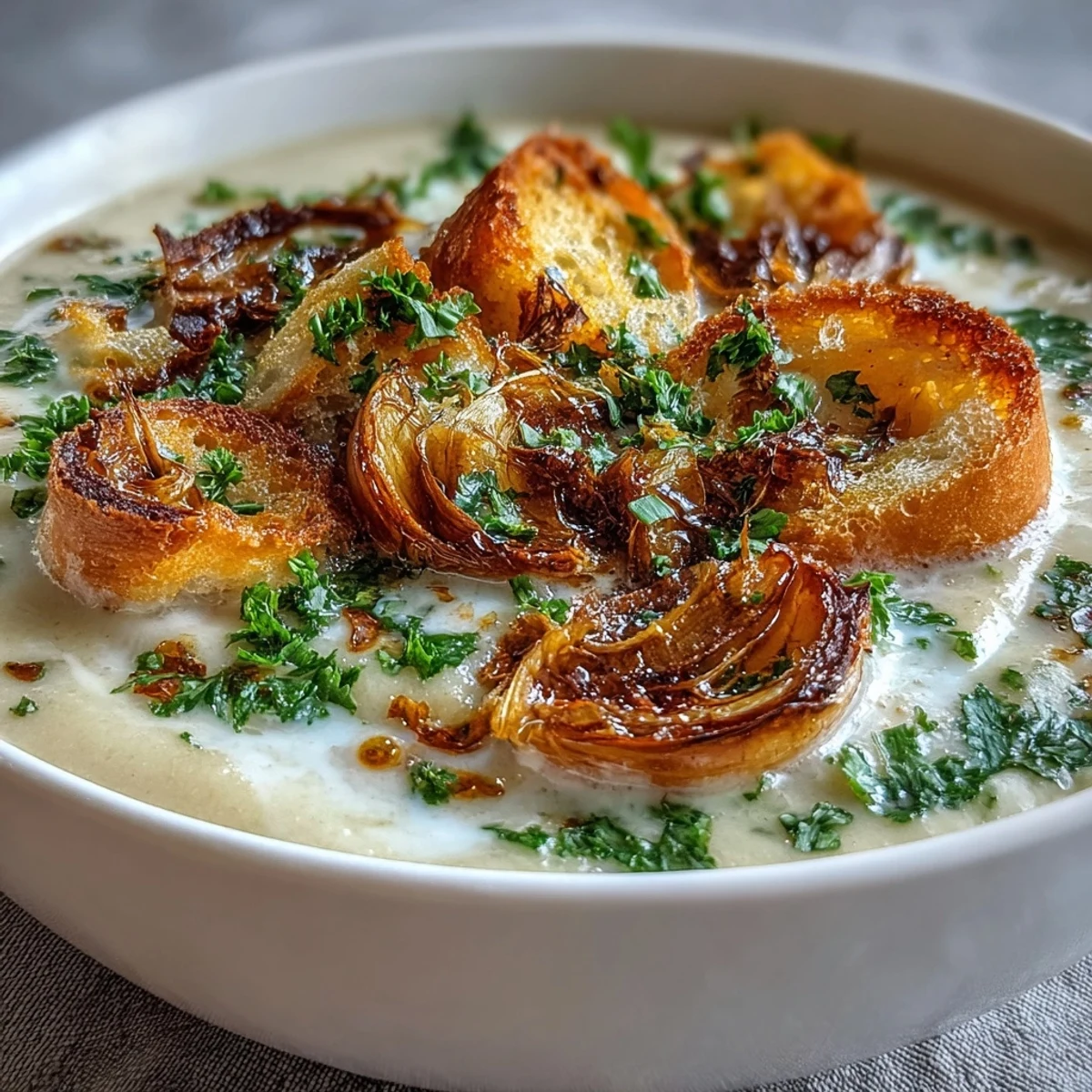 Rustikaler Topf mit cremigem Roasted Garlic Soup, garniert mit frischem Petersilienkraut und goldenen Croutons auf einer hölzernen Arbeitsfläche.  