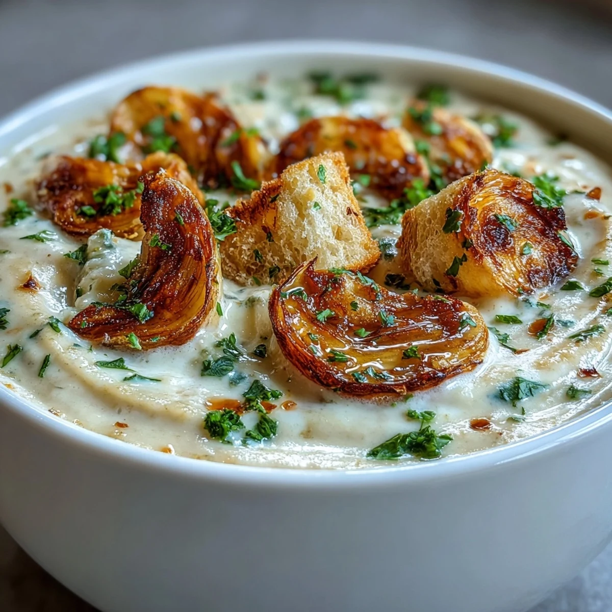 Glatt püriertes Roasted Garlic Soup dampft in einer Schüssel, begleitet von knusprigem Brot und einem zarten Zweig frischem Thymian.  