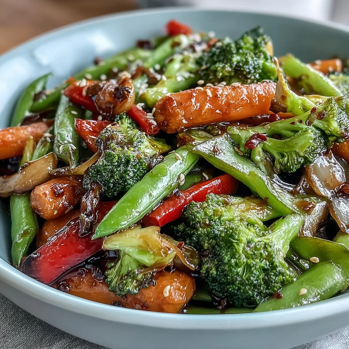 Belebte Ingwer-Pfannengemüse mit knackig frischen Aromen, serviert mit Sesam.