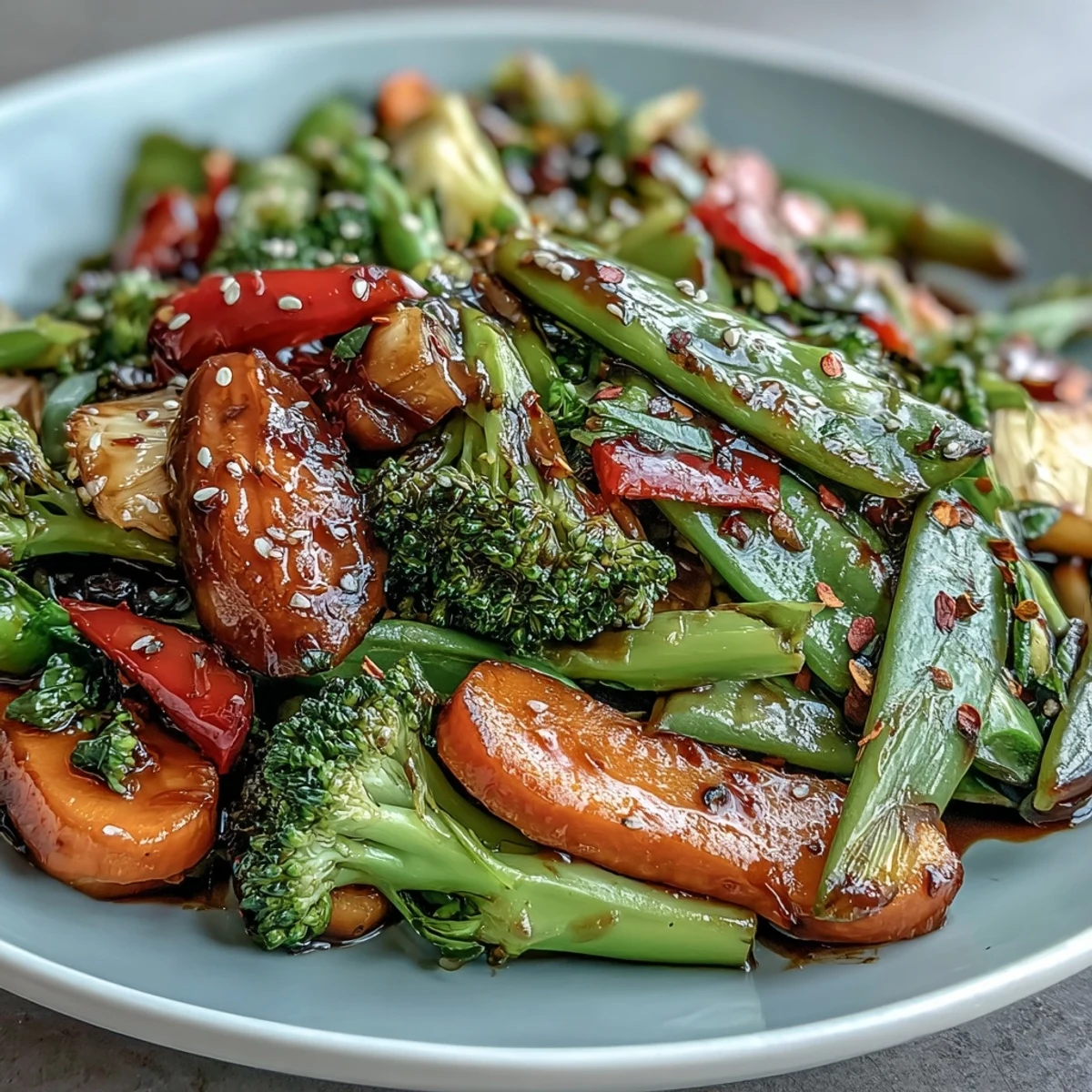 Köstliches Ingwer-Pfannengemüse mit leuchtenden Farben, perfekt als schnelles Abendessen.