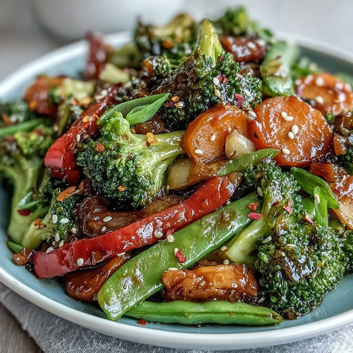 Gesundes Ingwer-Pfannengemüse voller Geschmack, verlockend garniert mit Frühlingszwiebeln.