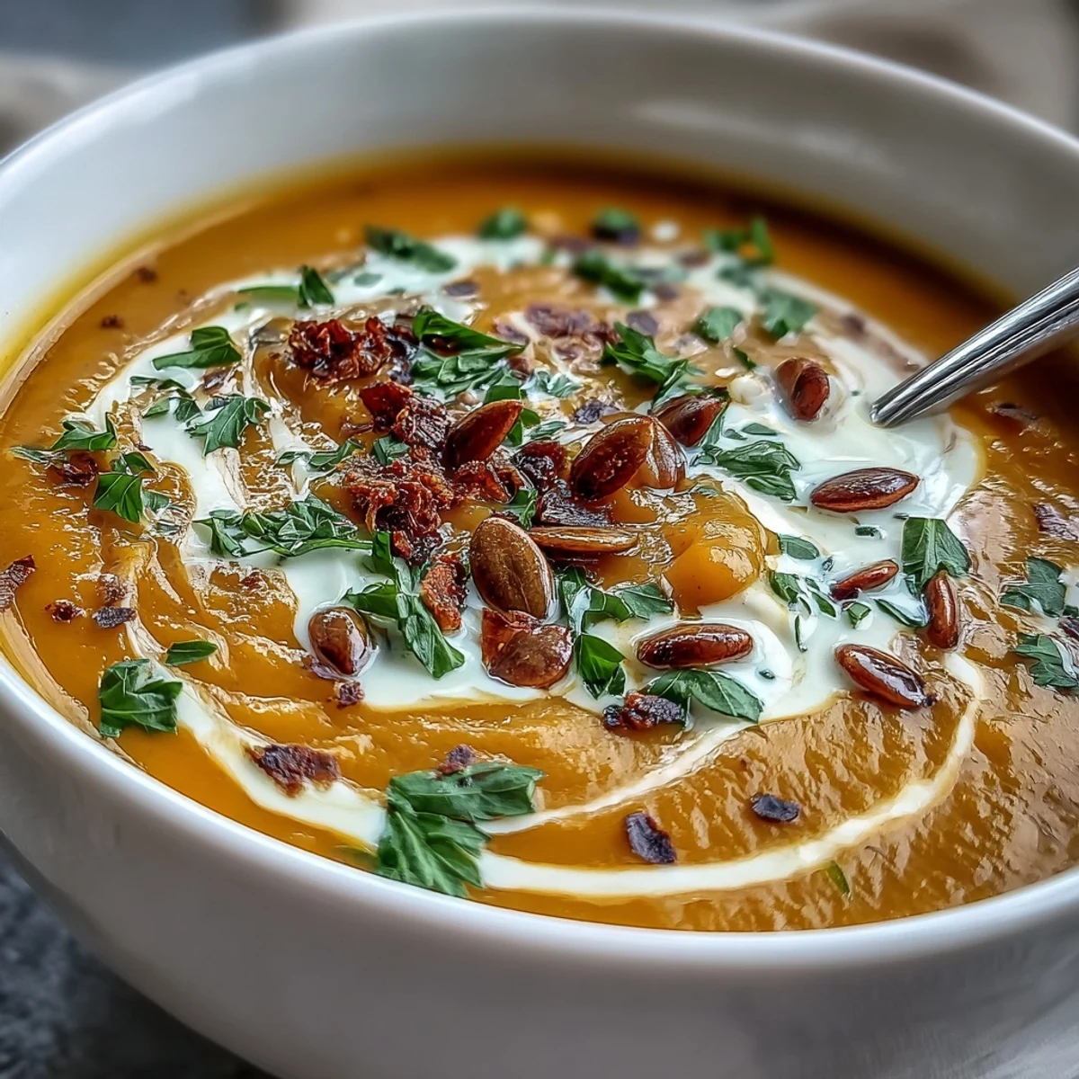 Samtige Butternut-Kürbis-Apfel-Suppe mit gerösteten Kürbiskernen, perfekt für den Herbst.